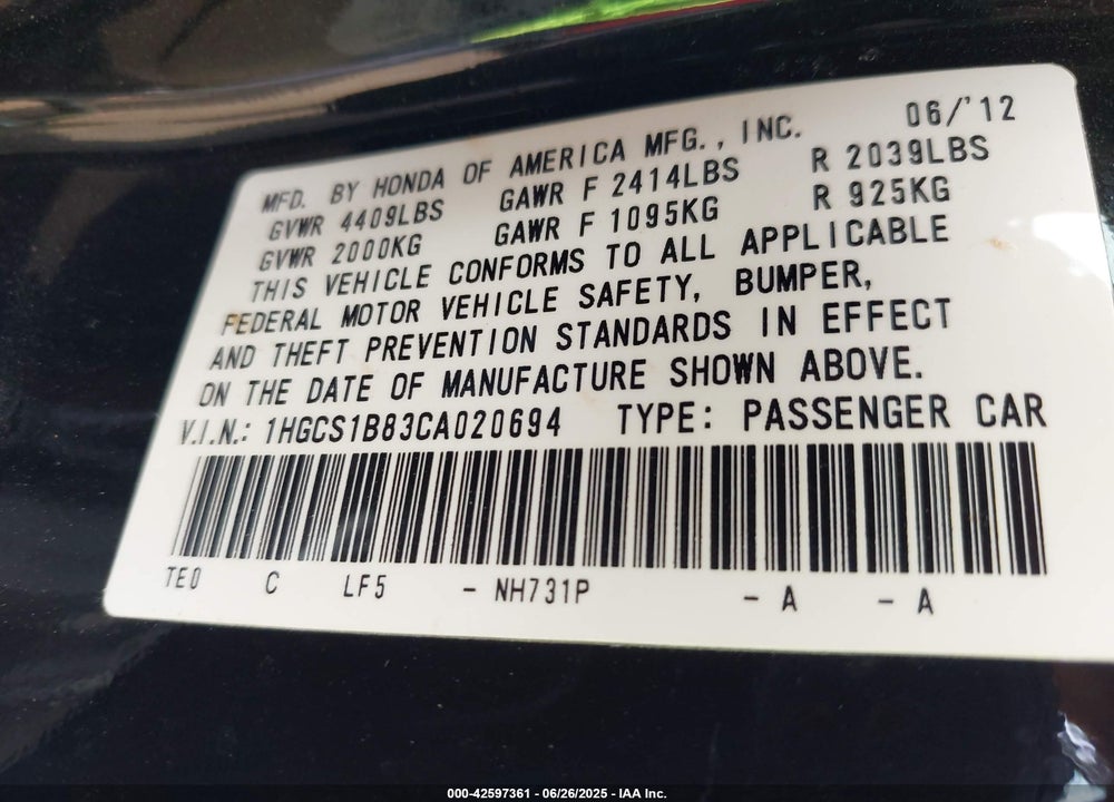 2012 HONDA ACCORD VIN: 1HGCS1B83CA020694