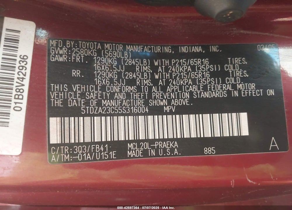 2005 TOYOTA SIENNA LE VIN: 5TDZA23C55S316004