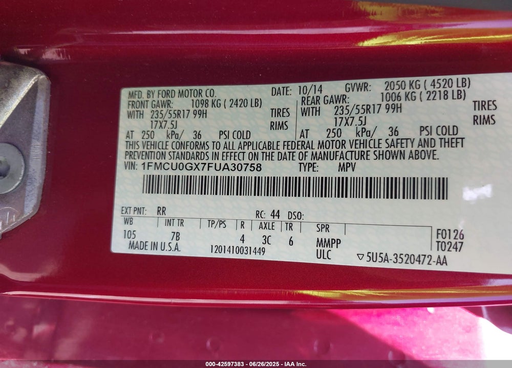 2015 FORD ESCAPE VIN: 1FMCU0GX7FUA30758