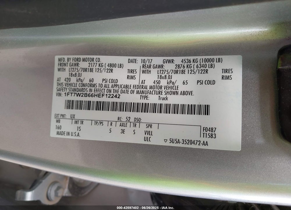 2017 FORD F-250 XL VIN: 1FT7W2B66HEF12242