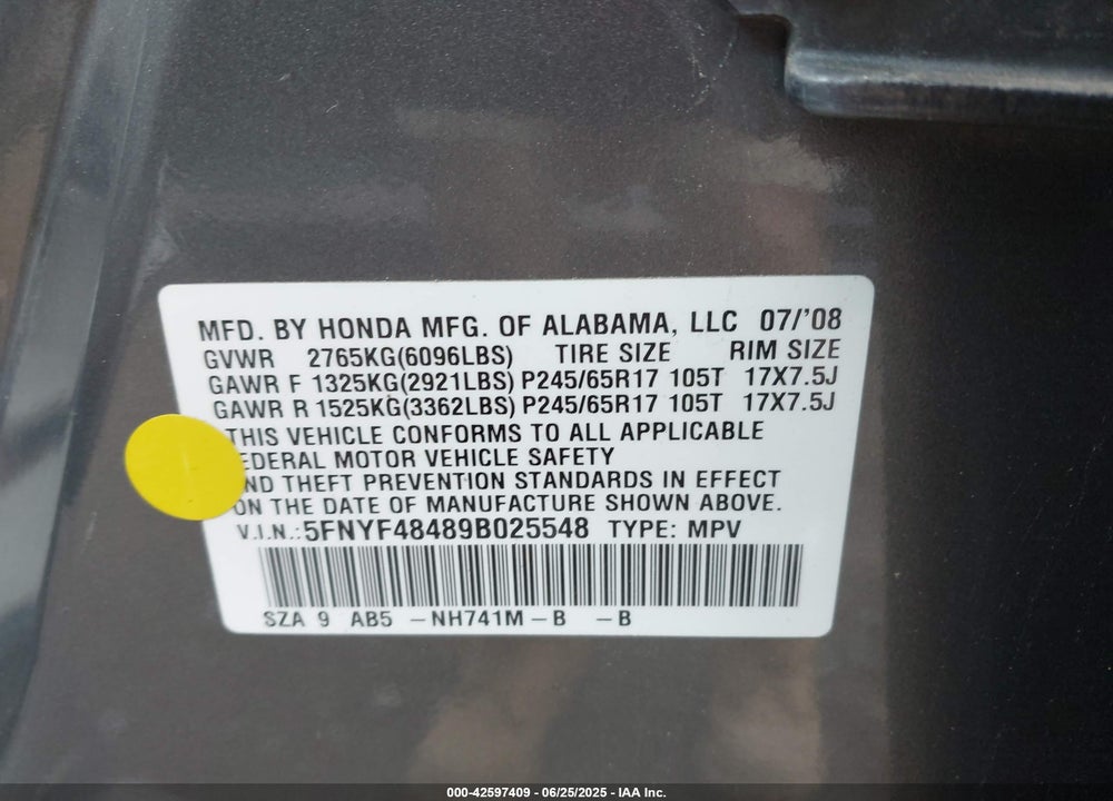2009 HONDA PILOT VIN: 5FNYF48489B025548
