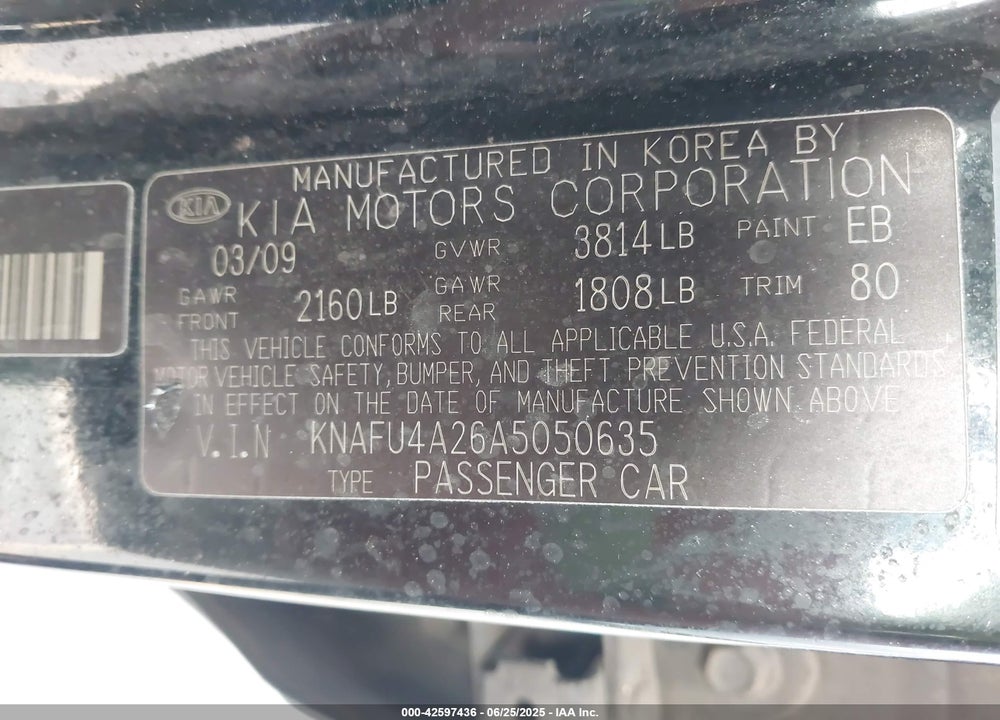 2010 KIA FORTE VIN: KNAFU4A26A5050635