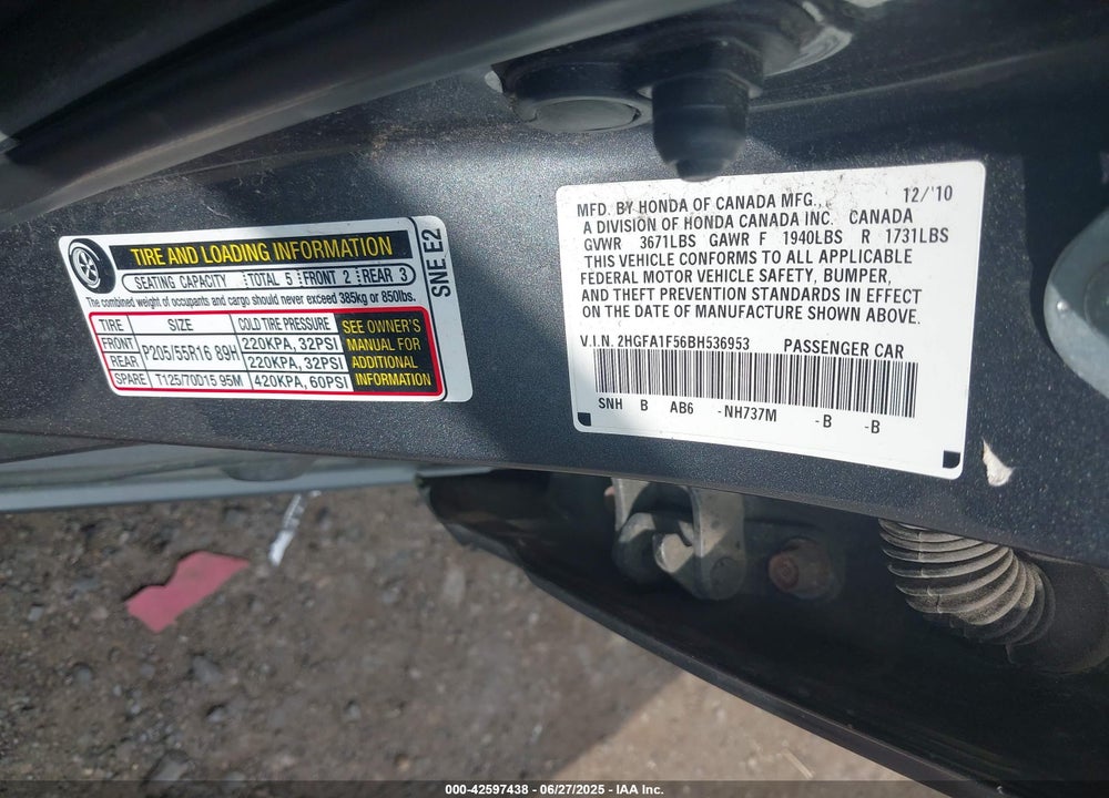2011 HONDA CIVIC LX VIN: 2HGFA1F56BH536953