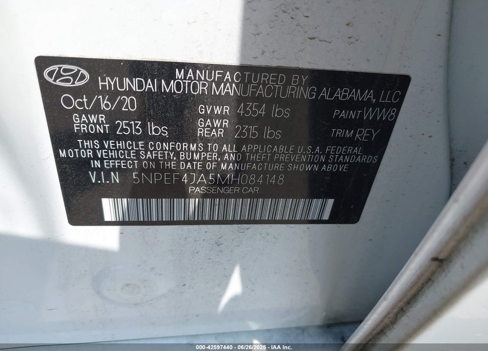2021 HYUNDAI SONATA VIN: 5NPEF4JA5MH084148