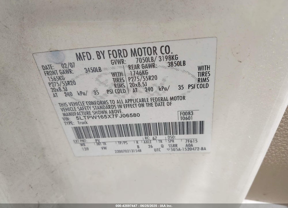 2007 LINCOLN MARK LT VIN: 5LTPW165X7FJ06580