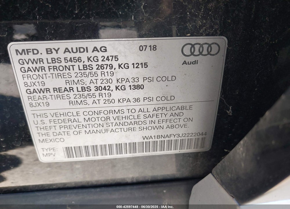 2018 AUDI Q5 VIN: WA1BNAFY3J2222044