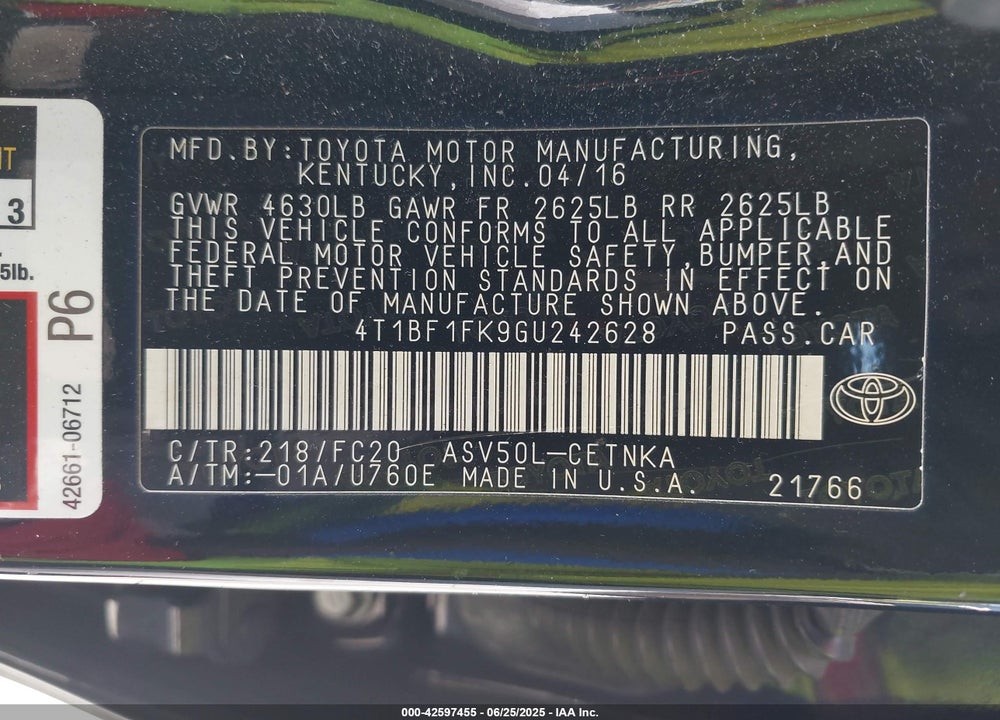 2016 TOYOTA CAMRY LE VIN: 4T1BF1FK9GU242628