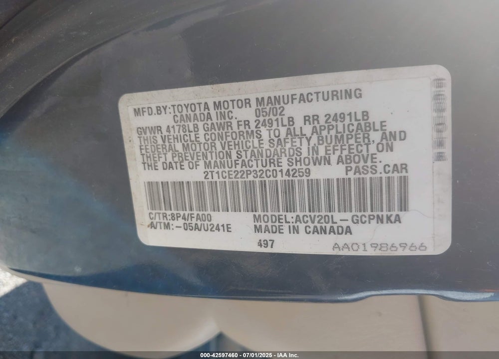 2002 TOYOTA CAMRY SOLARA SE VIN: 2T1CE22P32C014259