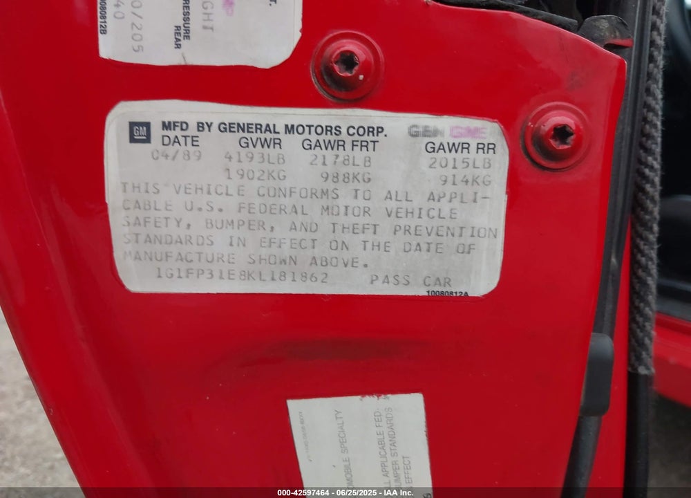 1989 CHEVROLET CAMARO VIN: 1G1FP31E8KL181862