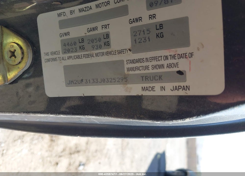 1988 MAZDA B2200 CAB PLUS VIN: JM2UF3133J0325295