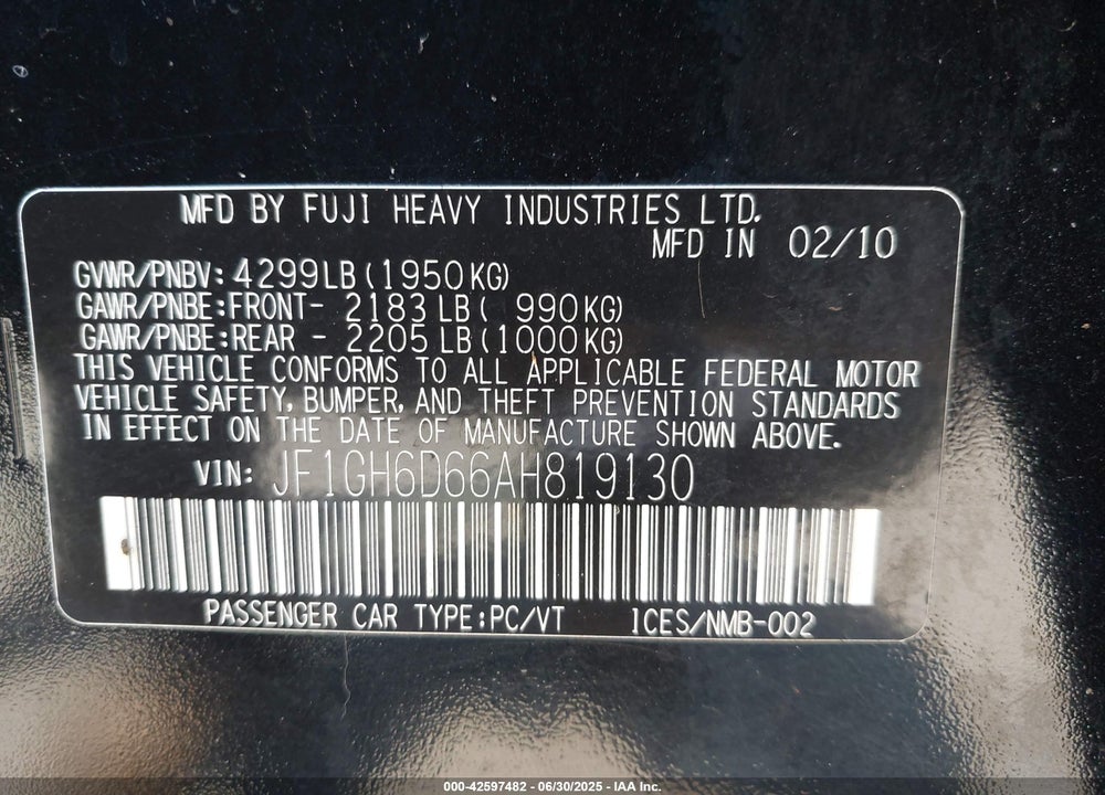 2010 SUBARU IMPREZA VIN: JF1GH6D66AH819130