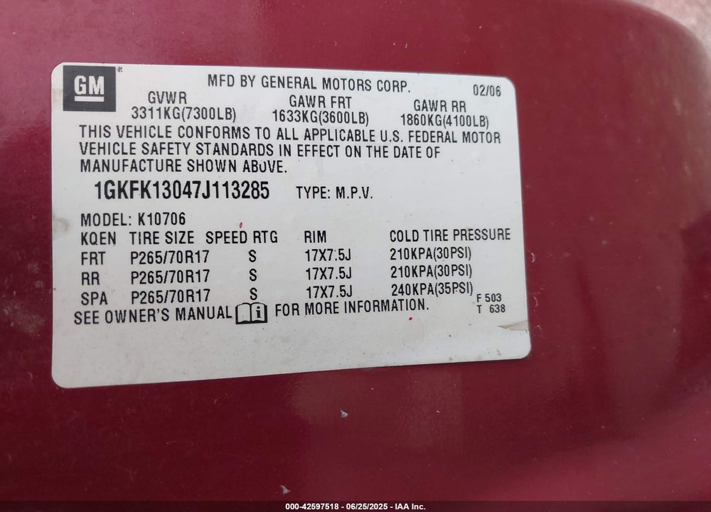 2007 GMC YUKON VIN: 1GKFK13047J113285