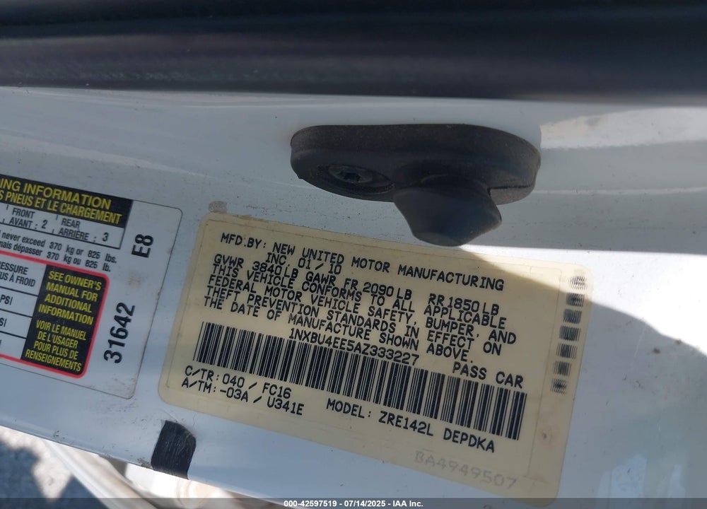 2010 TOYOTA COROLLA VIN: 1NXBU4EE5AZ333227