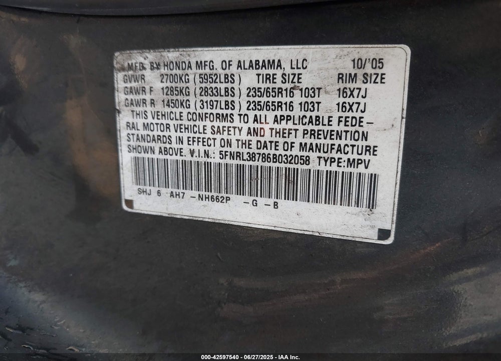 2006 HONDA ODYSSEY VIN: 5FNRL38786B032058