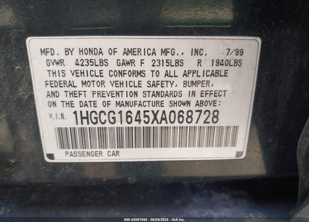 1999 HONDA ACCORD LX V6 VIN: 1HGCG1645XA068728