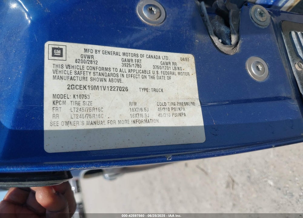 1997 CHEVROLET K1500 FLEETSIDE VIN: 2GCEK19M1V1227026