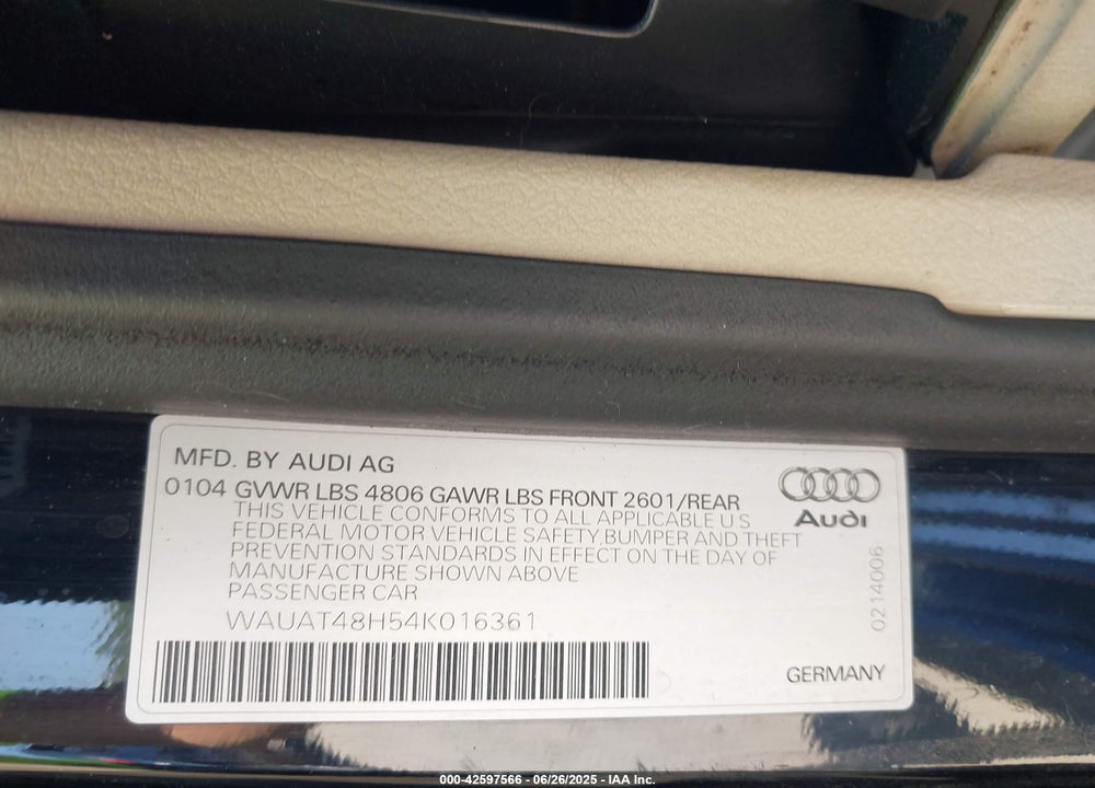 2004 AUDI A4 3.0 VIN: WAUAT48H54K016361