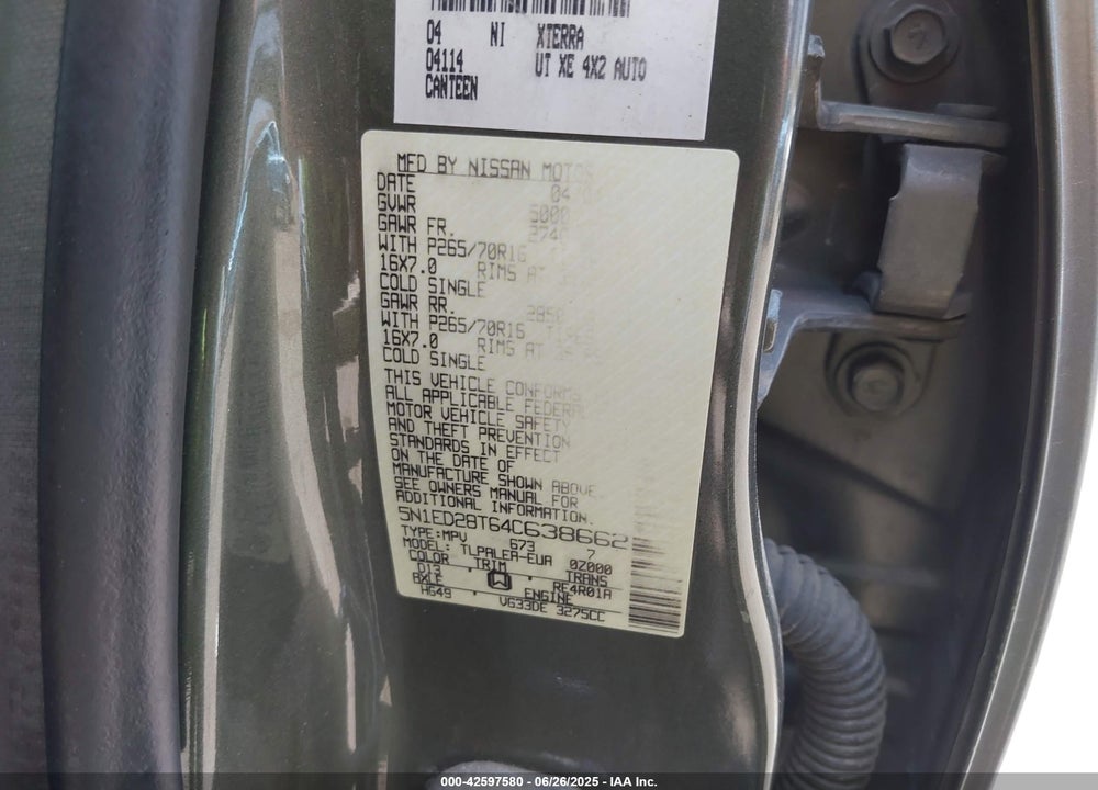 2004 NISSAN XTERRA XE VIN: 5N1ED28T64C638662