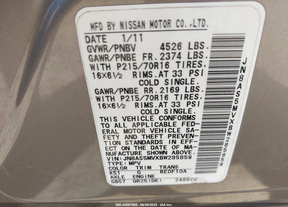 2011 NISSAN ROGUE VIN: JN8AS5MVXBW285859