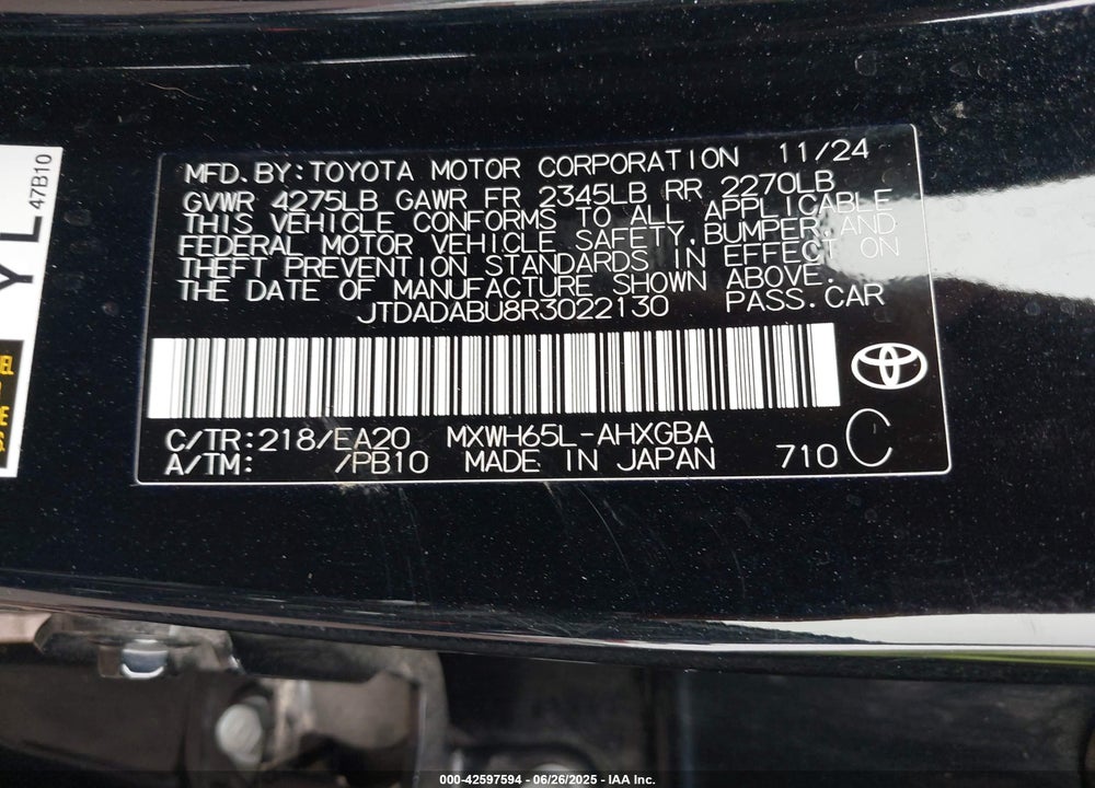 2024 TOYOTA PRIUS VIN: JTDADABU8R3022130