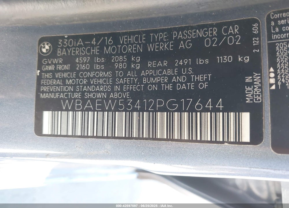 2002 BMW 330XI VIN: WBAEW53412PG17644