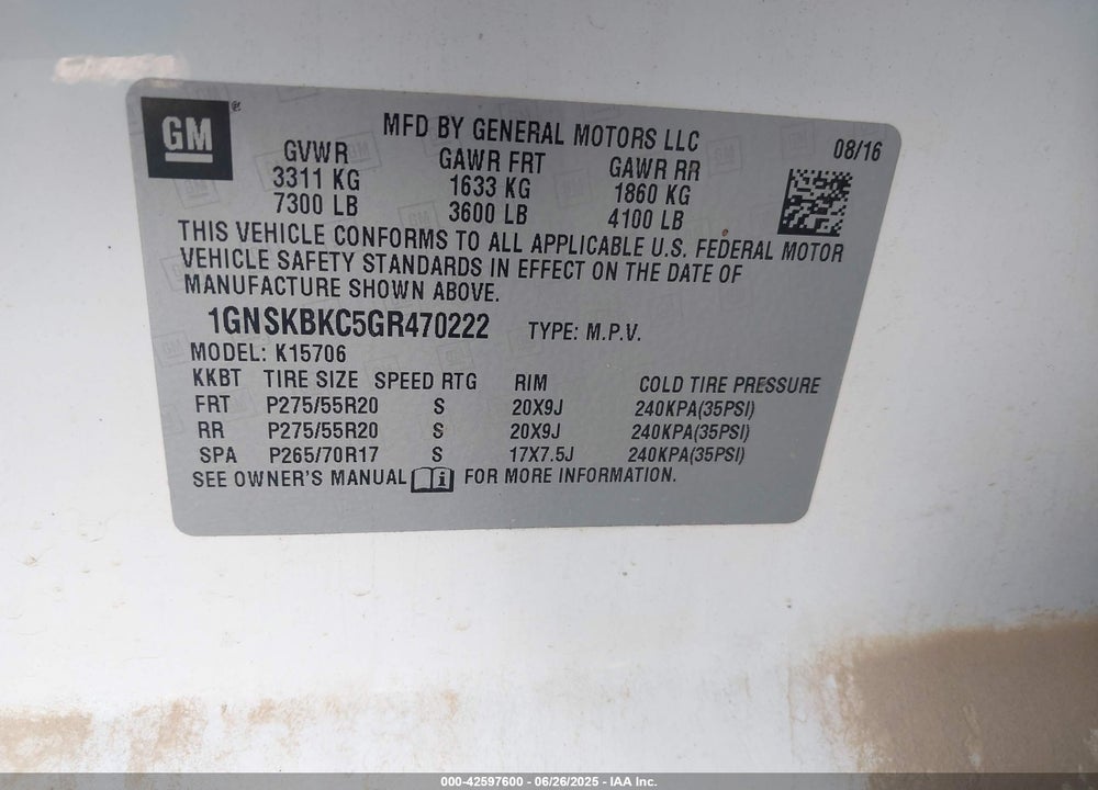 2016 CHEVROLET TAHOE VIN: 1GNSKBKC5GR470222
