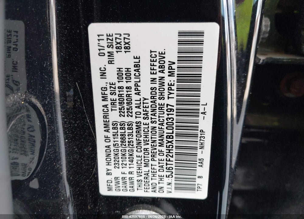 2011 HONDA ACCORD CROSSTOUR VIN: 5J6TF2H5XBL003197