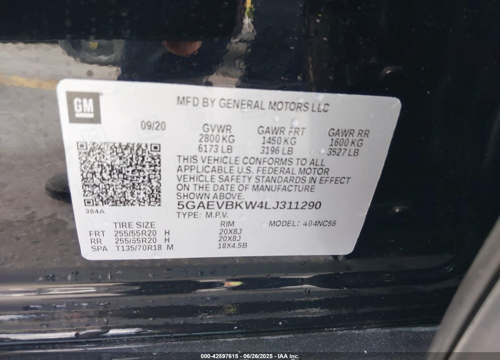 2020 BUICK ENCLAVE VIN: 5GAEVBKW4LJ311290