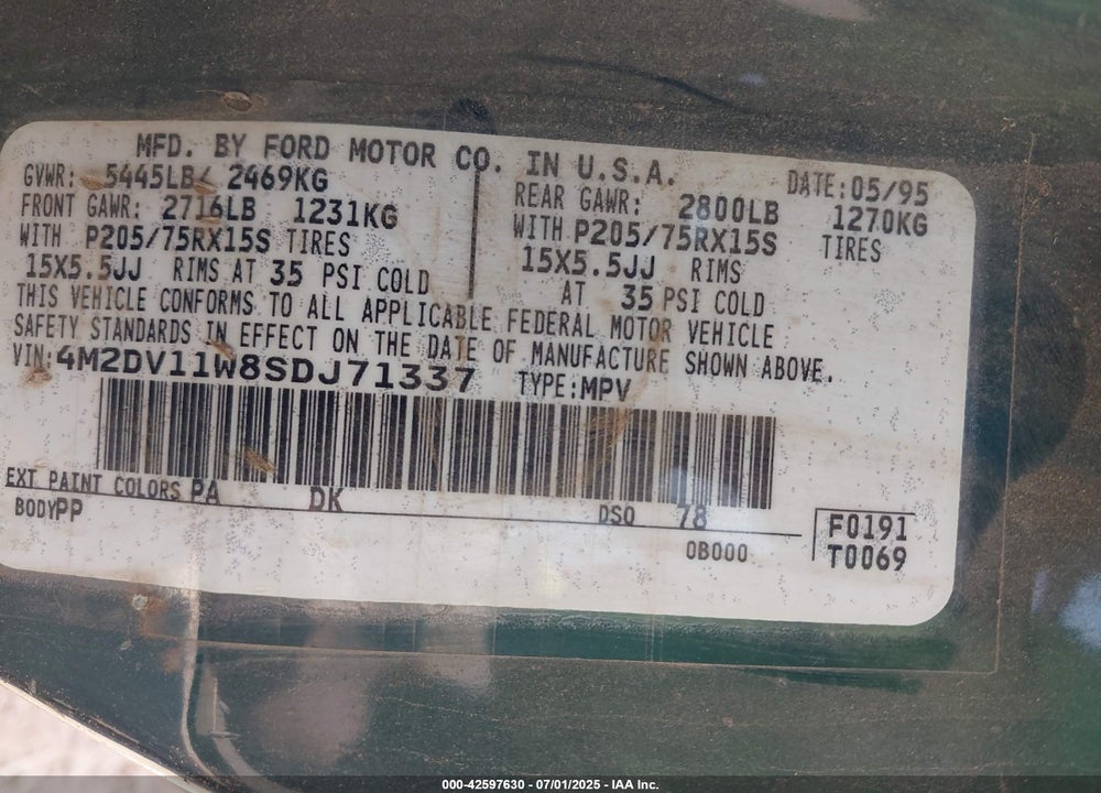 1995 MERCURY VILLAGER VIN: 4M2DV11W8SDJ71337