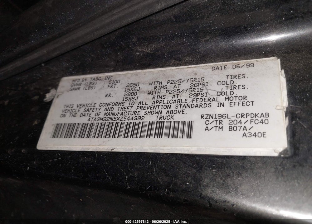 1999 TOYOTA TACOMA PRERUNNER VIN: 4TASM92N5XZ544392