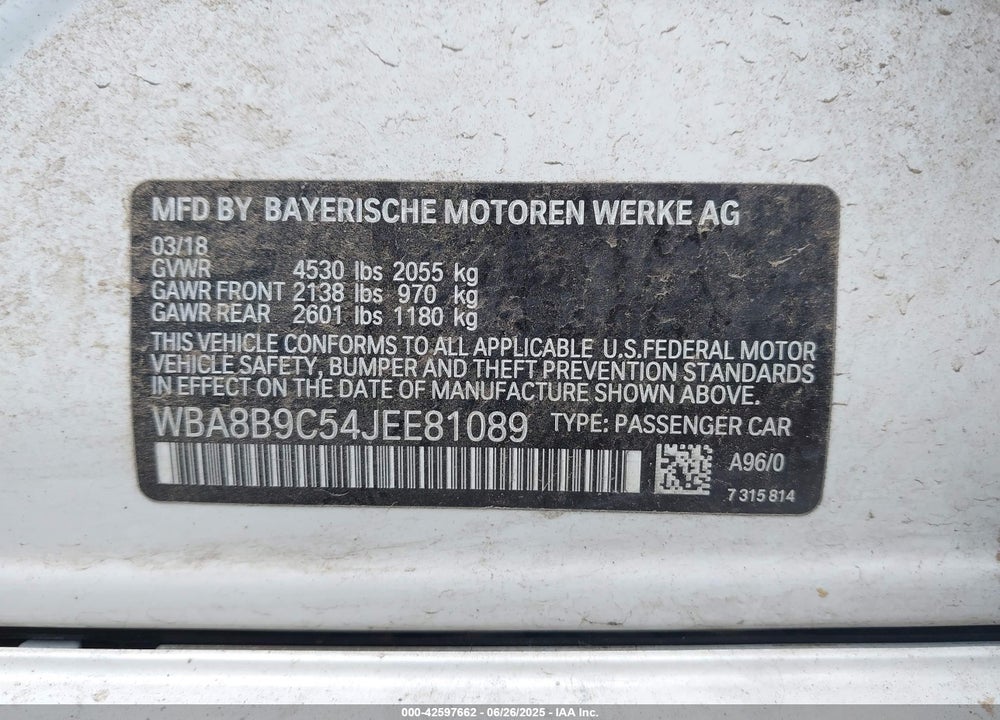 2018 BMW 3 SERIES VIN: WBA8B9C54JEE81089