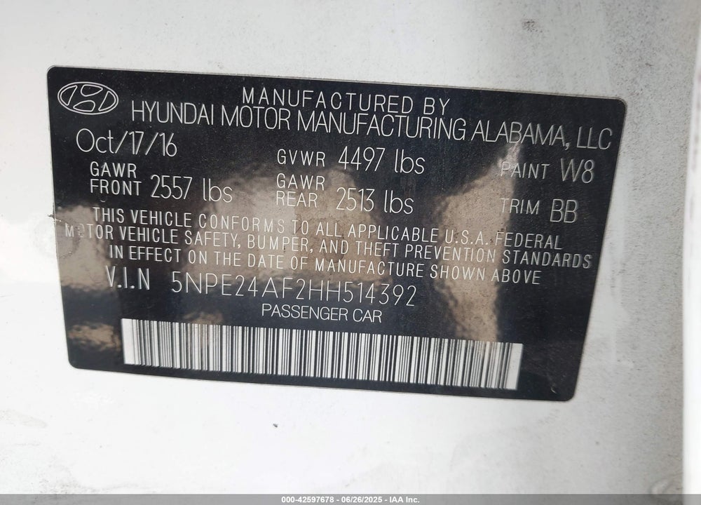 2017 HYUNDAI SONATA VIN: 5NPE24AF2HH514392