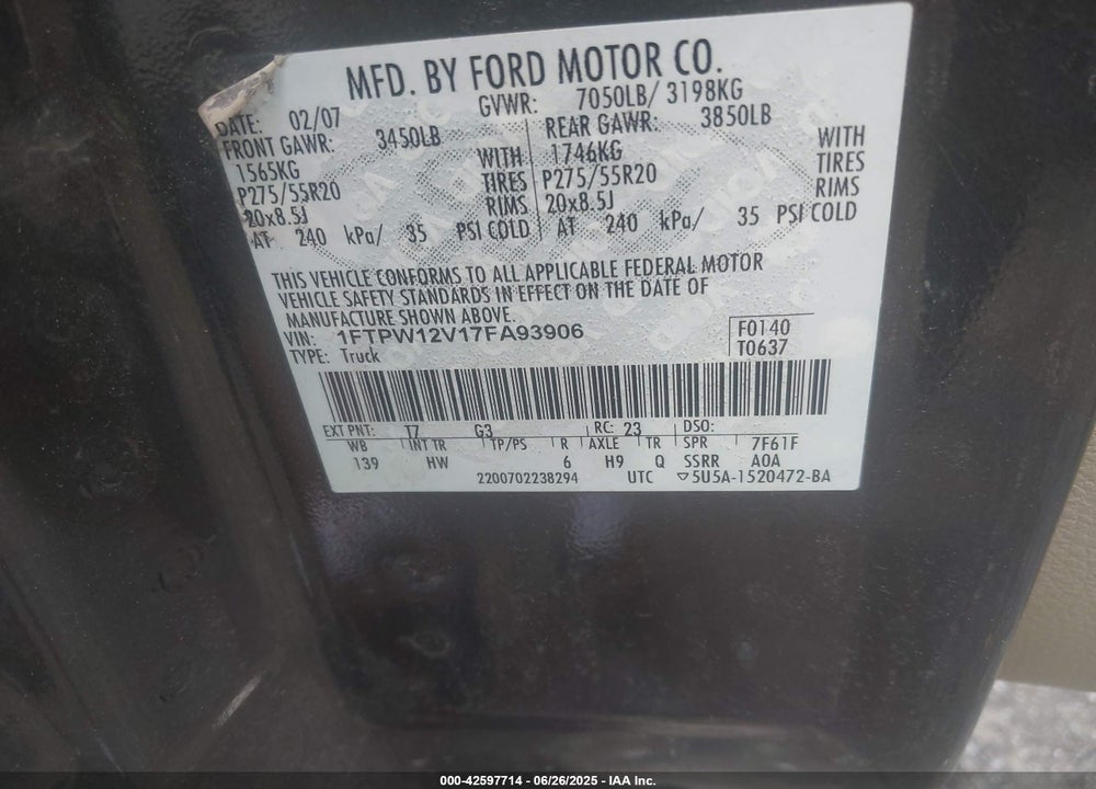 2007 FORD F-150 VIN: 1FTPW12V17FA93906