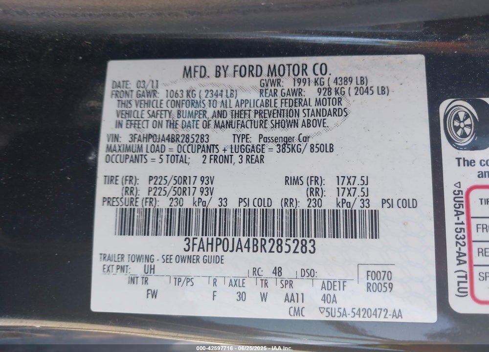 2011 FORD FUSION VIN: 3FAHP0JA4BR285283