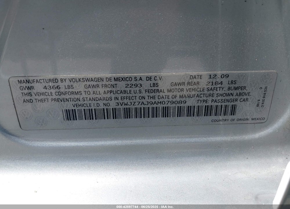 2010 VOLKSWAGEN JETTA VIN: 3VWJZ7AJ9AM079089