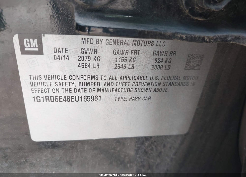 2014 CHEVROLET VOLT VIN: 1G1RD6E48EU165961