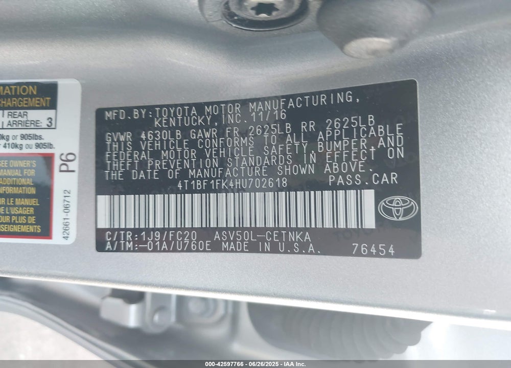 2017 TOYOTA CAMRY VIN: 4T1BF1FK4HU702618