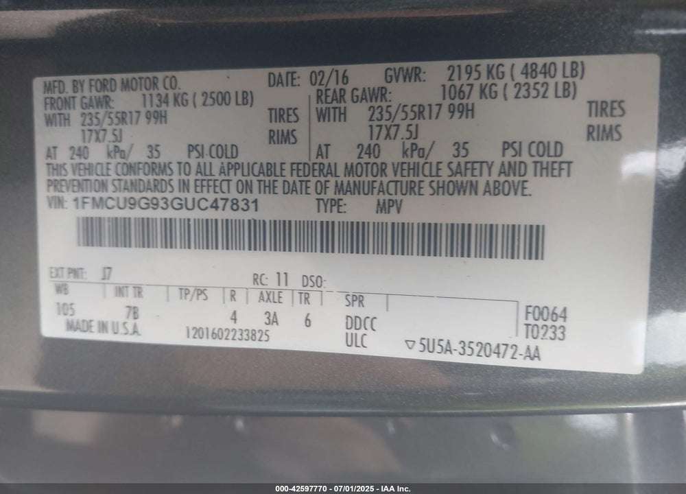 2016 FORD ESCAPE VIN: 1FMCU9G93GUC47831