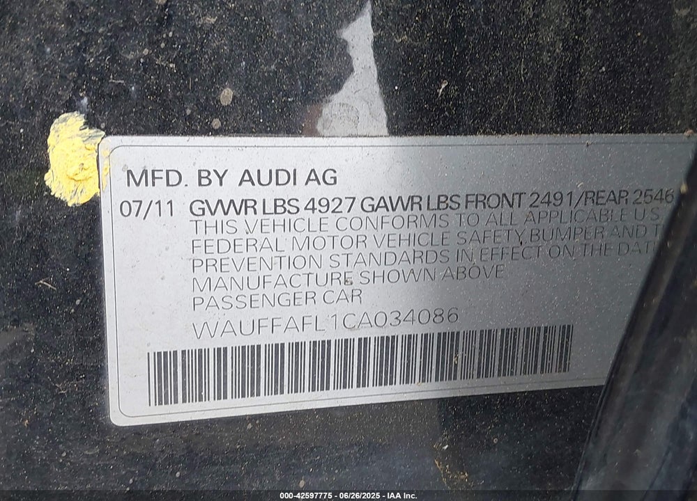 2012 AUDI A4 2.0T PREMIUM VIN: WAUFFAFL1CA034086