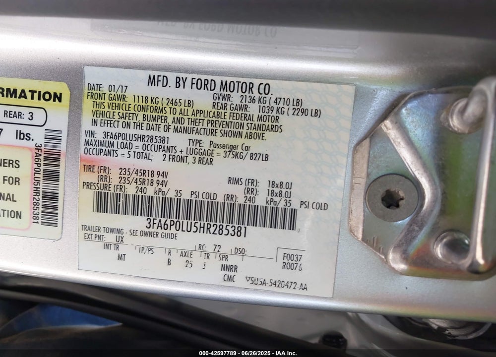 2017 FORD FUSION HYBRID VIN: 3FA6P0LU5HR285381