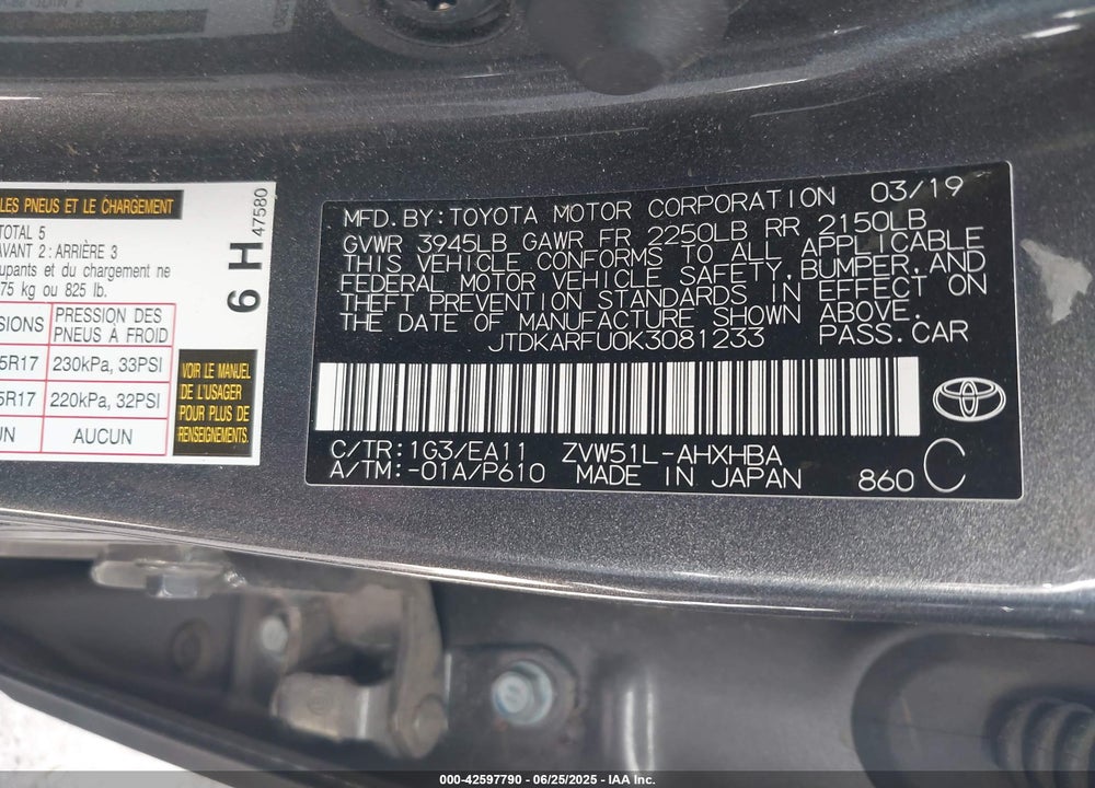 2019 TOYOTA PRIUS VIN: JTDKARFU0K3081233