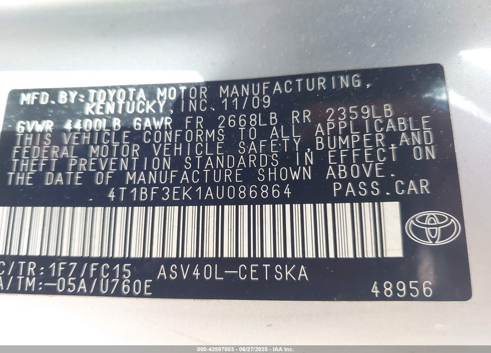 2010 TOYOTA CAMRY VIN: 4T1BF3EK1AU086864