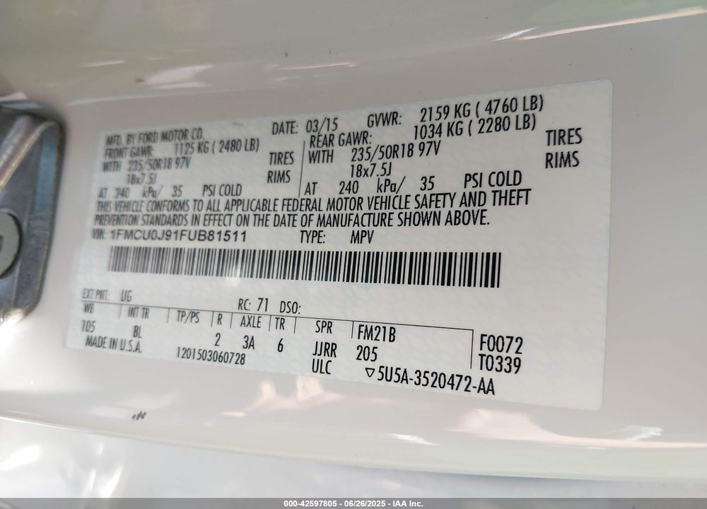 2015 FORD ESCAPE TITANIUM VIN: 1FMCU0J91FUB81511