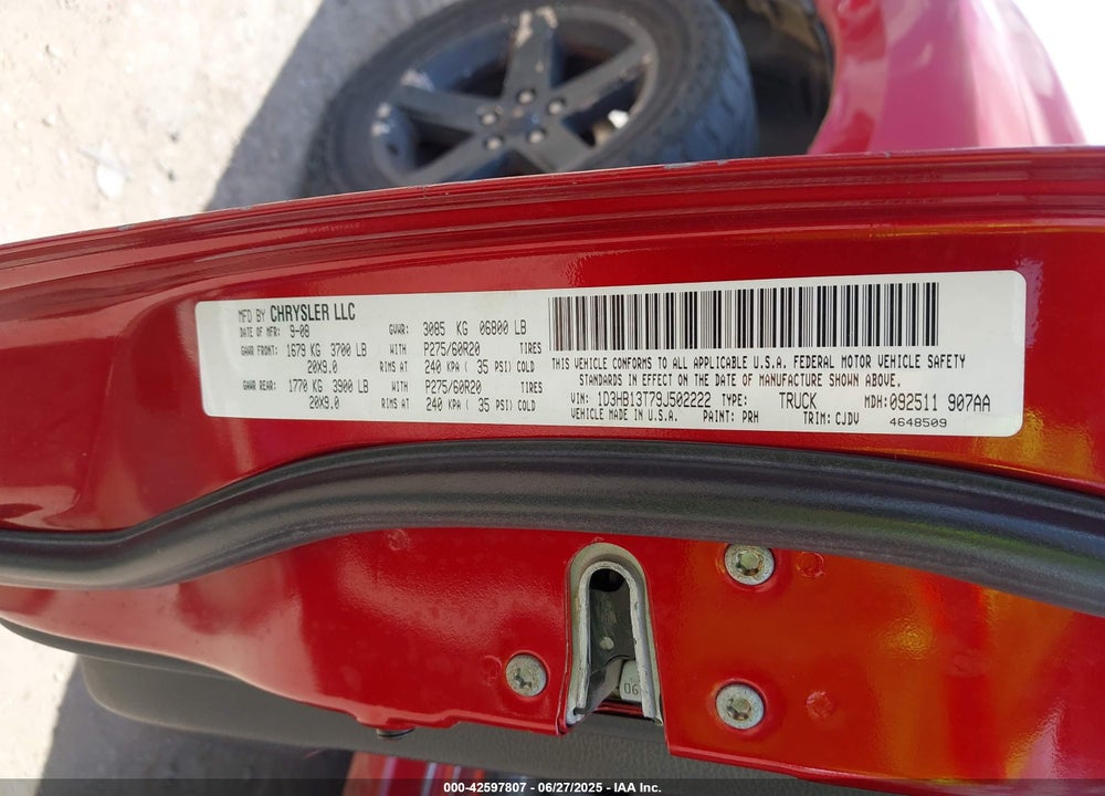2009 DODGE RAM 1500 VIN: 1D3HB13T79J502222