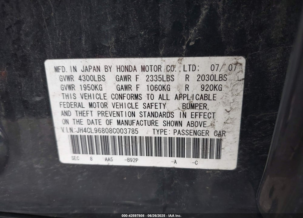2008 ACURA TSX VIN: JH4CL96808C003785