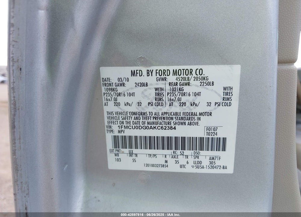2010 FORD ESCAPE VIN: 1FMCU0DG0AKC62384