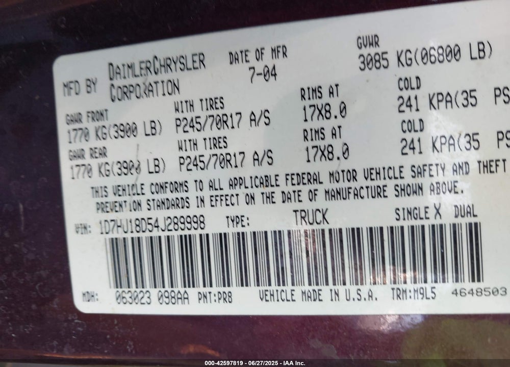 2004 DODGE RAM 1500 SLT/LARAMIE VIN: 1D7HU18D54J289998