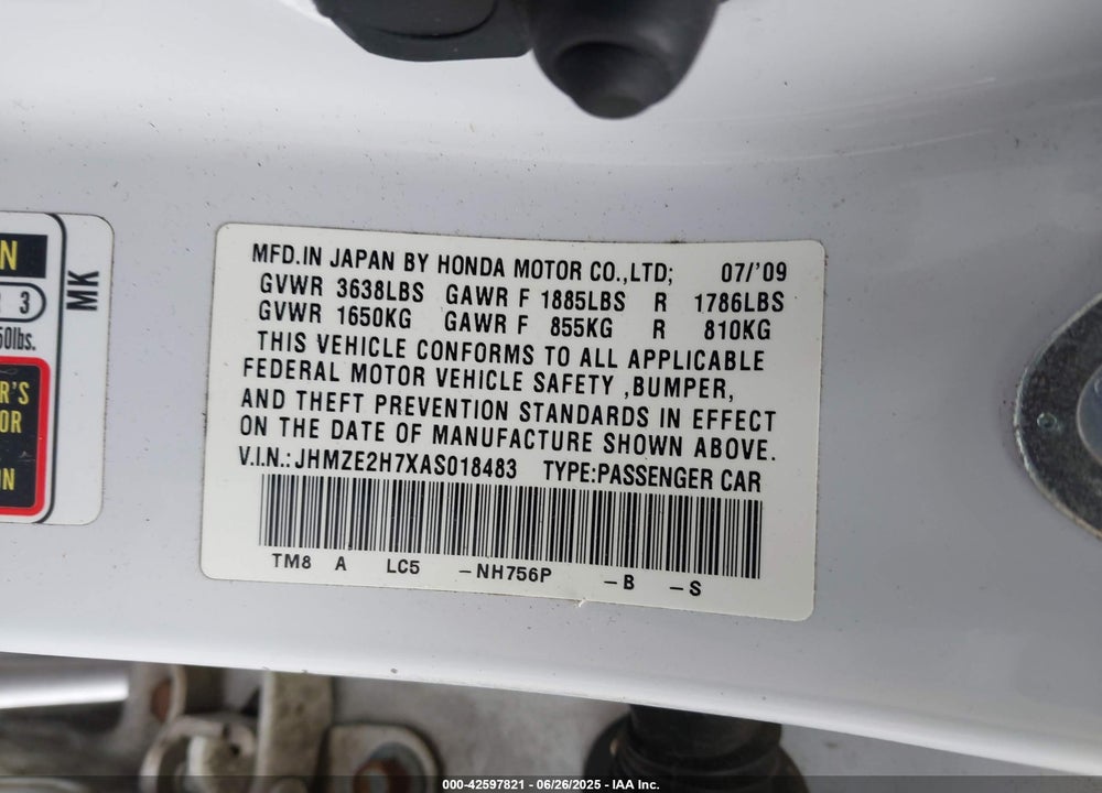 2010 HONDA INSIGHT VIN: JHMZE2H7XAS018483