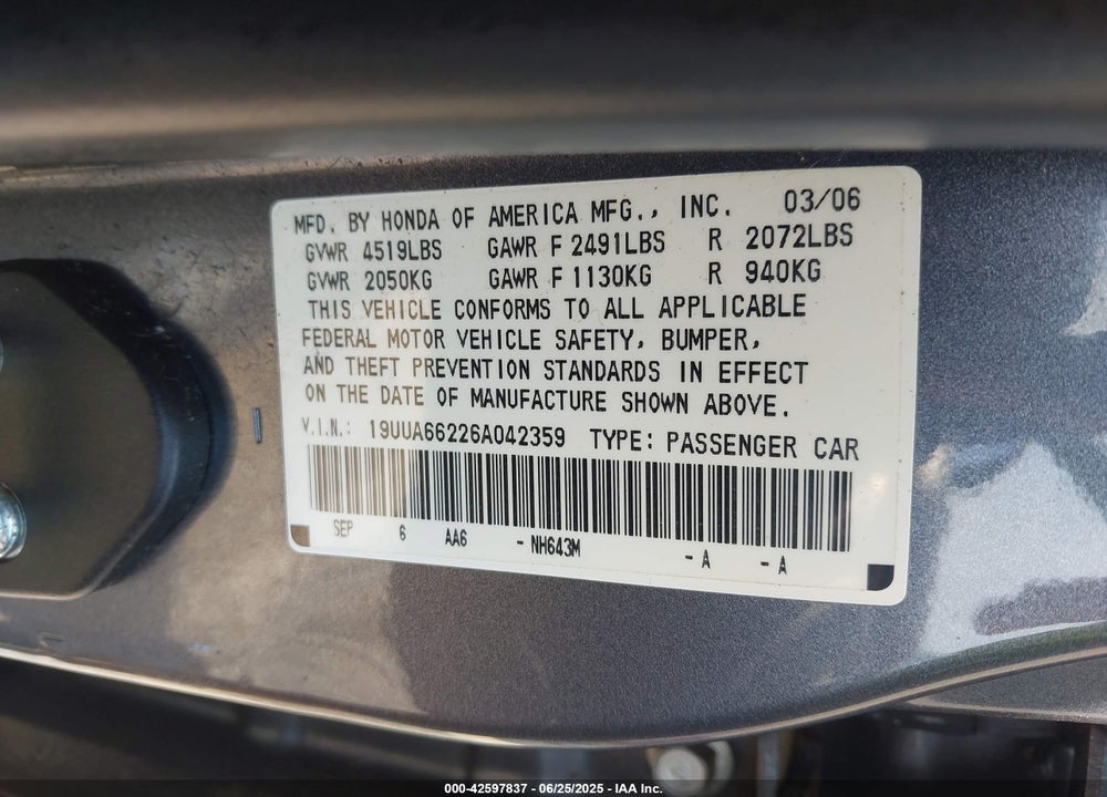 2006 ACURA TL VIN: 19UUA66226A042359