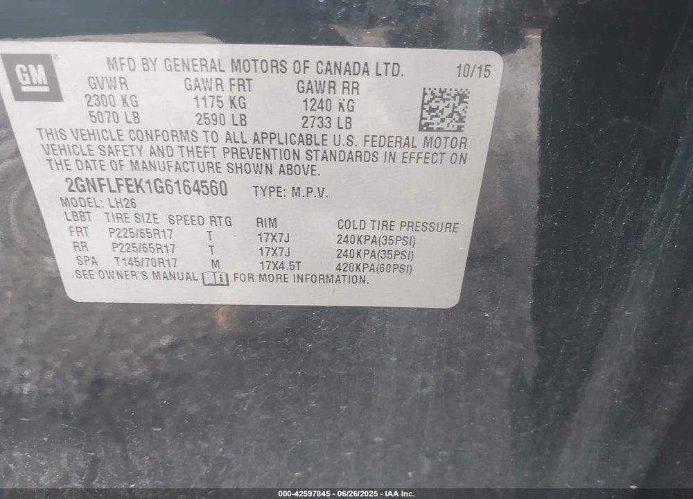 2016 CHEVROLET EQUINOX VIN: 2GNFLFEK1G6164560